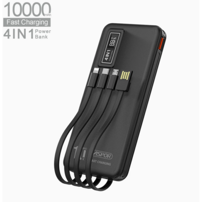 پاوربانک ASPOR مدل A300 PD ظرفیت 10000 میلی‌آمپر با فست شارژ 22.5 وات و کابل‌های داخلی